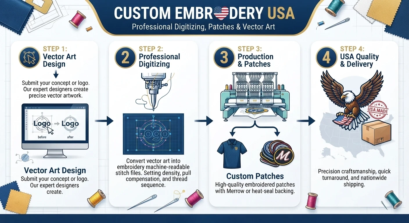 Custom Embroidery USA services for logos, patches, hats and vector art